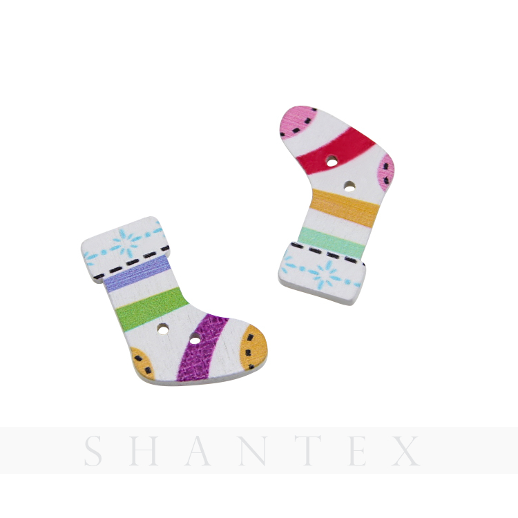 Colorful Christmas Stocking Socks Shape Printed Wood Button Christmas decoration buttons