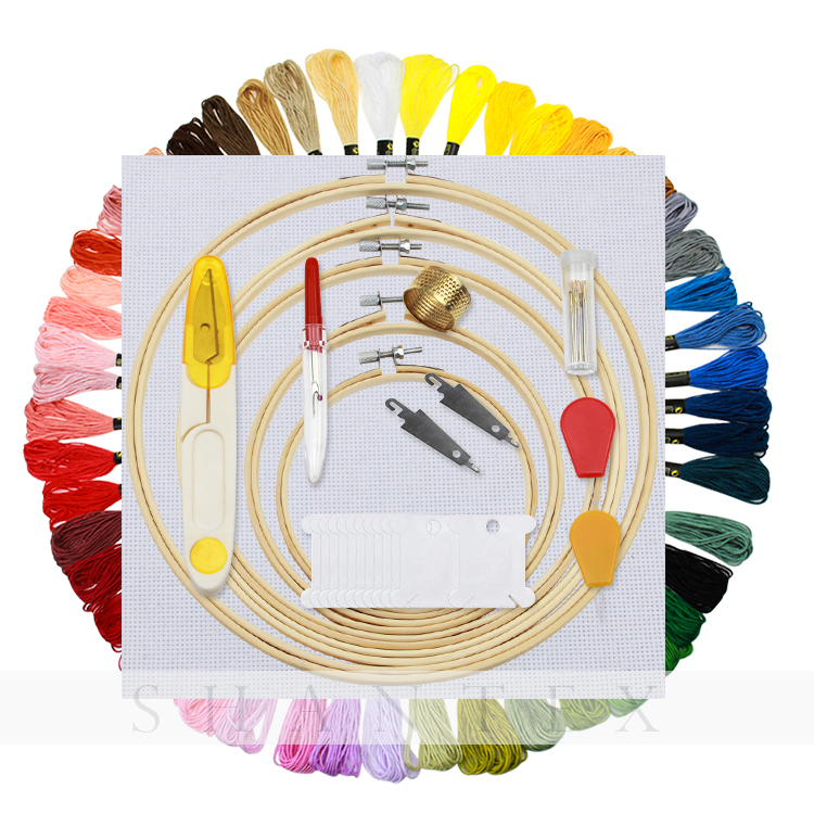 Full Range of Embroidery Starter Kit Cross Stitch 5 Pieces Bamboo Hoops, 50 Color Threads, 2 Pieces 14ct Aida Cloth 